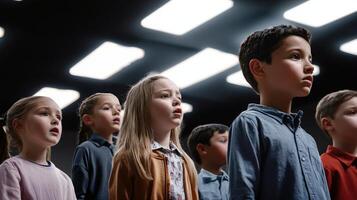 A group of children standing in a room photo