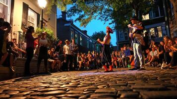 A group of people on a cobblestone street at night photo
