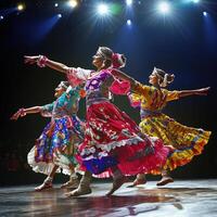 A group of women in colorful dresses dancing on a stage photo