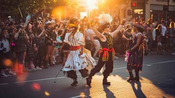A group of people dressed in costumes and masks on a street photo