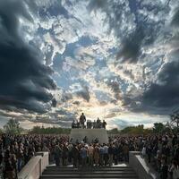 A crowd of people standing on the steps of a monument photo