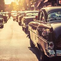 A row of cars parked on a street photo