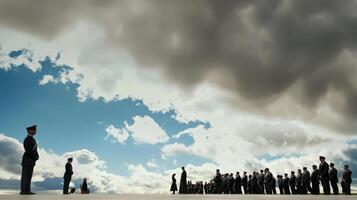 A group of people standing in front of a cloudy sky photo