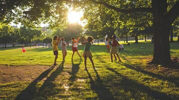 A group of people playing frisbee in a park photo
