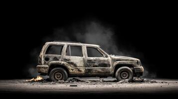 A burnt out suv is shown in the dark photo