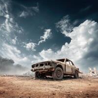 An old car sits in the middle of a desert photo