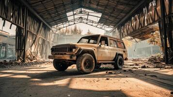 An old jeep parked in an abandoned building photo