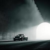 Black sports car in tunnel with light coming from the end photo