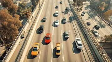Cars driving on a freeway with trees and buildings in the background photo