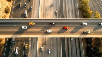 An aerial view of cars driving on a freeway photo