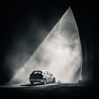 A car is parked in a tunnel with smoke coming out of it photo