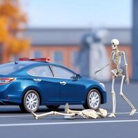 A skeleton is walking next to a blue car photo