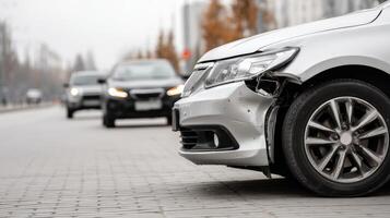 A car with a damaged front end is shown photo