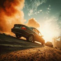 A car driving down a road with smoke coming out of it photo