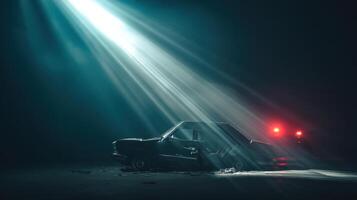 A car is sitting in the dark with a beam of light coming from the sky photo