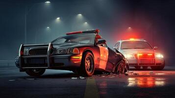 A police car and a car are on the road at night photo