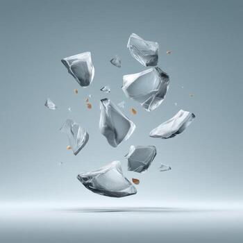 Broken glass falling on a gray background photo