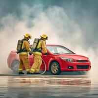Firefighters extinguishing a car on a lake photo