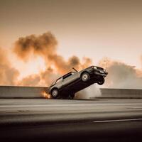 A car is upside down on a highway with smoke coming out of it photo