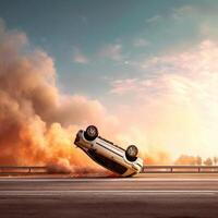 Car crash on the road with smoke and fire photo