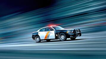 A police car speeding down the road photo