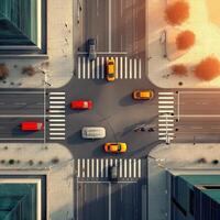 An aerial view of a city intersection with cars and traffic photo