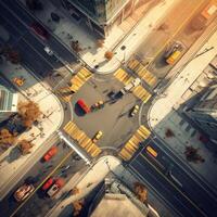 An aerial view of a busy intersection with cars and trucks photo