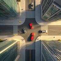An overhead view of a city intersection with cars photo