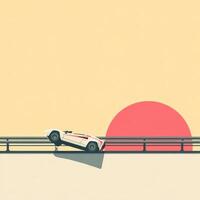 A car is driving on a bridge over a sunset photo
