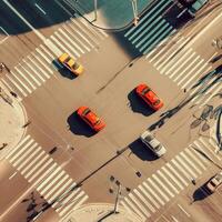 An aerial view of cars driving on a busy street photo