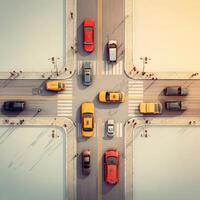 An overhead view of cars and traffic on a crosswalk photo