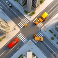 An aerial view of a city intersection with cars and trucks photo