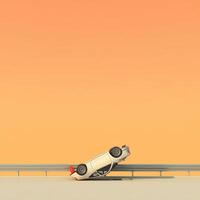 A car is upside down on a road photo