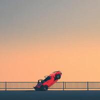 A red sports car is sitting on top of a bridge photo
