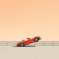An orange car is sitting on top of a bridge photo