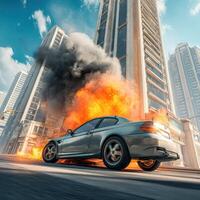 A car is burning in the middle of a city street photo