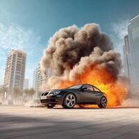 A car is burning in the middle of a city photo