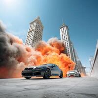 Two cars driving through a city with a large explosion photo