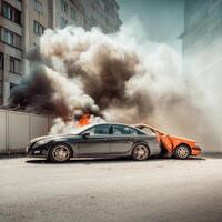 Two cars are on fire in front of a building photo