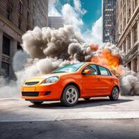 An orange car driving through a city with smoke coming out of it photo