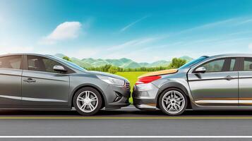 Two cars on the side of the road with one car on the left and the other on the photo