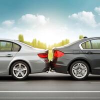 Two cars are parked side by side on the road photo