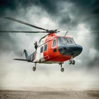 A helicopter flying in the air with a dark sky photo