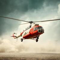 A helicopter is flying over a desert area photo