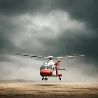 A helicopter is flying in the air on a cloudy day photo