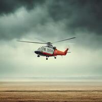 A helicopter is flying over a field with a storm photo