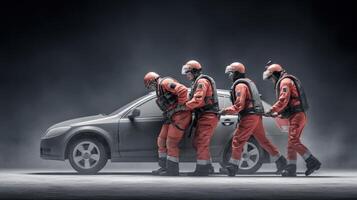 Three men in red suits are standing next to a car photo