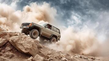 A jeep driving on a rocky hill with dust photo