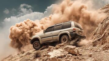 A suv driving on a rocky hillside photo