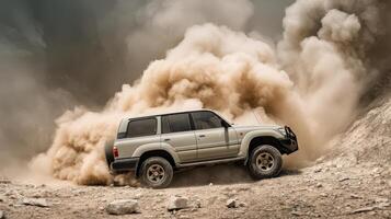 A suv driving through a dust storm photo